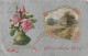 HO 22 - CARTE GAUFREE FANTAISIE " WITH BEST NEW YEAR WISHES " -VASE DE ROSES ET VUE CHAMPETRE SUR FOND ARGENTE- 2 SCANS  - Neujahr