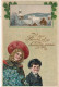 HO 23 - CARTE FANTAISIE GAUFREE  "BONNE ET HEUREUSE ANNEE" - ENFANTS AVEC MYOSOTIS , PAYSAGE ENNEIGE ET TREFLES- 2 SCANS - New Year