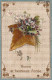 HO 23 - CARTE FANTAISIE GAUFREE  "BONNE  ET HEUREUSE ANNEE" - FEUILLE DE LIERRE AVEC BOUQUET DE FLEURS DES CHA - 2 SCANS - New Year