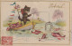 HO 24 - CARTE HUMORISTIQUE  1er AVRIL - CHAT PECHEUR A LA LIGNE ET AU FER A CHEVAL - BARQUE REMPLIE DE POISSONS  - 1 De April (pescado De Abril)