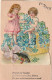 HO 24 - CARTE FANTAISIE 1er AVRIL AVEC AJOUT DE CHROMO - ENFANTS DANS PANIER DE MYOSOTIS , TREFLES ET POISSON - 2 SCANS  - April Fool's Day