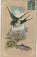 HO 25 - CARTE GAUFREE FANTAISIE   - HIRONDELLE ET VIOLETTES - AJOUT  CHROMO POISSON  - 2 SCANS  - April Fool's Day