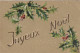 HO 27 -  CARTE GAUFREE FANTAISIE  " JOYEUX NOEL " - BRANCHES DE HOUX SOUS LA NEIGE - 2 SCANS - Autres & Non Classés