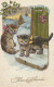 JA 27-  " HEUREUSE ANNEE " - CHATONS SUR LE PAS DE PORTE , SOUS LA NEIGE - GUI ET ROSES  - 2 SCANS - Gatti