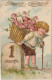 KO 1 - CARTE GAUFREE FANTAISIE - ANGELOT ET PANIER DE ROSES SUR BORNE KILOMETRIQUE " 1er JANVIER " - DORURE - 2 SCANS - Nieuwjaar