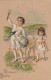 LE 6-  JOYEUSES PAQUES - CARTE GAUFREE - COUPLE D' ENFANTS AVEC AGNEAU DANS LA PRAIRIE - 2 SCANS - Easter