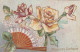 HO Nw (3) " MEILLEURS SOUHAITS " - CARTE FANTAISIE GAUFREE - EVENTAIL ET FLEURS : ROSES - 2 SCANS - Neujahr