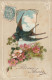 HO Nw (3) " BONNE ANNEE " - CARTE FANTAISIE GAUFREE - FLEURS SURVOLEE PAR UNE HIRONDELLE AVEC TREFLE - 2 SCANS - New Year