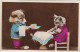 HO Nw (5) CHIOT SERVEUR ET CHATON  ATTABLE HUMANISES  - 2 SCANS - Dressed Animals