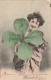 HO Nw (7) " JE PORTE BONHEUR " - FEMME ET TREFLE A QUATRE FEUILLES GEANT - CARTE COLORISEE - BERGERET , NANCY - 2 SCANS - Nieuwjaar