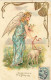 Carte Gaufrée - Joyeuses Pâques - Ange Gardien Tenant Un Mouton à L'aide D'un Ruban - Pâques