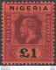 1914-29 Nigeria Giorgio V £ 1 Purple And Black/red MNH SG N. 12 - Andere & Zonder Classificatie