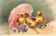 Pâques - N°91210 - Heureuses Pâques - Poussins Près De Violettes Sous Une Ombrelle - Carte Gaufrée - Pâques