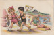 OP 26 - COUPLE D' ENFANTS A LA PLAGE AVEC PELLE ET EPUISETTE - JEUX DE PLAGE - ILLUSTRATEUR GOUGEON - 2 SCANS - Scene & Paesaggi