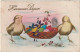 RE 13- " HEUREUSES PAQUES " - CARTE COLORISEE  POUSSINS AVEC PANIERS D' OEUFS - 2 SCANS - Ostern