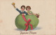 RE 13- "JOYEUSES PAQUES "  - COUPLE D' ENFANTS DERRIERE OEUF GEANT - CARTE COLORISEE   - 2 SCANS  - Pasen