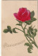 RE 21- " ANNIVERSAIRE " - CARTE FANTAISIE GAUFREE   - FLEUR : TIGES AVEC ROSE VELOURS  - 2 SCANS - Bloemen