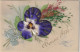 RE - " BONNE FETE " - CARTE CELLULOID AVEC AJOUT DE GRAMINEES - FLEUR : PENSEE EN TISSU - 2 SCANS - Blumen