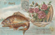 SO 4- 1er AVRIL - CARTE FANTAISIE GAUFREE - POISSON TRACTANT COQUE DE ROSES - 2 SCANS - 1er Avril - Poisson D'avril