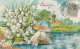 S0 26- AMITIES - CARTE FANTAISIE GAUFREE AVEC COUPLE DE COLOMBES , MUGUET , DANS DECOR CHAMPETRE  - 2 SCANS - Sonstige & Ohne Zuordnung