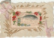 UR 26- " 1er AVRIL " - CARTE GAUFREE AVEC AJOUT DE CHROMO ( POISSON ET FLEURS) , RUBANS - HERBES DOREES - April Fool's Day