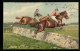 Präge-Lithographie Springreiter Beim Sprung über Eine Mauer  - Paardensport