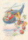 Santa Claus Helicopter Delivering Christmas Gifts Toys Teddy Bear Old Postcard - Santa Claus