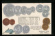 AK Griechenland, Münz-Geld, Währungstabelle, Nationalflagge  - Monedas (representaciones)