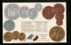 AK Frankreich, Münz-Geld, Währungstabelle, Nationalflagge  - Monedas (representaciones)