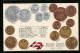 AK Dänemark, Währungstabelle, Geldmünzen Und Nationalflagge  - Monnaies (représentations)