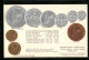 AK Englische Kolonie Transvaal, Münz-Geld, Währungstabelle  - Münzen (Abb.)