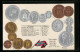 AK Norwegen, Münz-Geld, Wechselkurstabelle, Nationalflagge  - Monedas (representaciones)