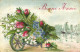 Illustrateur Brouette De Muguet Roses Et Myosotis Pailletée  Bonne Année RV - Flowers