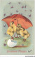 AV-BFP2-0296 - VOEUX - Joyeuses Pâques - Poussins Sous Un Parapluie Se Protégeant De Fleurs - Ostern
