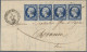 France: 1853, Empire Nd 20c. Deep Blue, Horizontal Strip Of Four, Fresh Intense - Covers & Documents