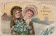 WA 2- " BONNE  ET HEUREUSE ANNEE " - CARTE GAUFREE - COUPLE DE FILLETTES AVEC MYOSOTIS - DECOR ENNEIGE - New Year