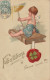 YO 2- " FELICITATIONS  " - CHERUBIN AVEC COUPE DE CHAMPAGNE - LIVRE , TREFLE  - DORURE - CARTE GAUFREE  - 2 SCANS - New Year