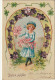 ZA 4-" BONNE ANNEE "- CARTE GAUFREE FANTAISIE - FILLETTE AVEC BRASSEE DE FLEURS - FER A CHEVAL ,  VIOLETTES ET TREFLES - New Year