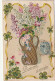 ZA 6- " BONNE ANNEE " - CARTE FANTAISIE GAUFREE - VASE DORE AVEC BOUQUET DE LILAS - ARABESQUES DE TREFLES - New Year