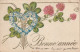 Z+ 6- " BONNE ANNEE  " - CARTE GAUFREE - FLEURS CHAMPETRES , TREFLES , COEUR DE MYOSOTIS - DECOR  ART NOUVEAU- DORURE - Nieuwjaar