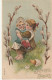 Z+ 7- " JOYEUSES PAQUES " - CARTE GAUFREE -  FILLETTES AVEC POUSSIN - DECOR CHAMPETRE ET BRANCHAGES DE SAULE - 2 SCANS - Pascua