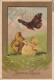 Z+ 7- " JOYEUSES PAQUES " - COUPLE DE POUSSINS ET PAPILLON - ILLUSTRATEUR MAILICK - 2 SCANS - Pâques