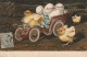 Z+ 7- " JOYEUSES PAQUES " - CARTE GAUFREE - TRIO DE POUSSINS - VOITURE FLEURIE DE MYOSOTIS ET OEUFS - 2 SCANS - Pâques