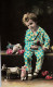 Children Boy With Toys Trumpet Rabbit Whirligig Vintage Original Postcard Real Photo Made In France - Retratos