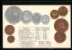 AK Spanien, Umrechnungstabelle Mit Geldmünzen Und Nationalflagge  - Monnaies (représentations)