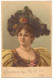 N°21653 - Carte Avec Petites Perles - Femme Portant Un Grand Chapeau Avec Des Roses - Mujeres