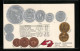 AK Schweiz, Geldmünzen Mit Verschiedenen Werten, Umrechnungstabelle, Nationalflagge  - Munten (afbeeldingen)