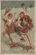 XXX - " NEW YEAR GREETINGS " - CHIEN TRANSPORTANT DES ENFANTS DANS PANIERES DE FLEURS - NEIGE - TREFLE - CARTE GAUFREE - Nouvel An