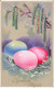 PAQUES #28587 JOYEUSES PAQUES OEUFS GEANTS ROSE BLEUE CARTE TOILEE - Ostern