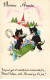 CHATS CHAT #FG35195 CAT KATZE NOIR BONNE ANNEE BROUETTE FLEURIE TOUJOURS GAIS PORTE BONHEUR - Cats